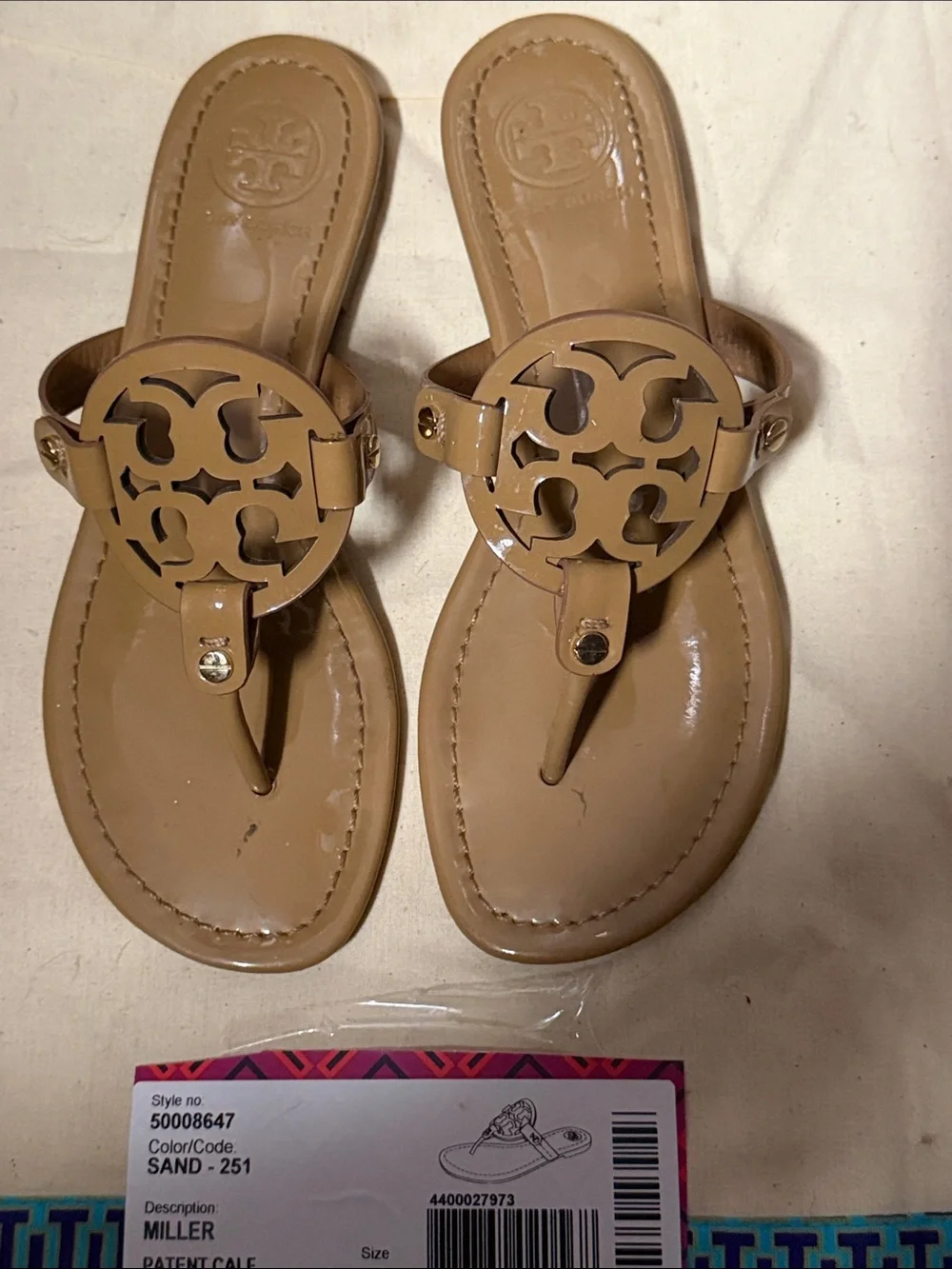 Tory Burch Sand Patent Leather Miller Thong Sandals